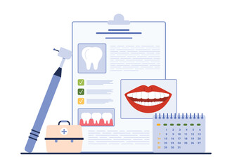 Professional dental checkup planning. Calendar reminder to plan visit to dentist for healthy smile care and teeth health consultation, orthodontic treatment in clinic cartoon vector illustration
