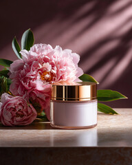 Face cream jar with golden lid and blooming pink peonies in sunlight on table, skincare and beauty product concept
