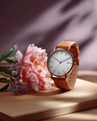 Luxury watch with brown leather strap and blooming peonies in sunlight, concept of elegance and timeless style

