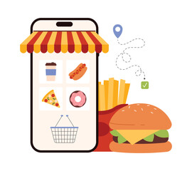 Online fast food order and delivery, catering service mobile app. Takeaway food, burger and fries, pizza and donut, coffee and hot dog on phone screen with a canopy cartoon vector illustration