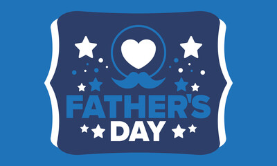 Happy Father’s Day. Honoring dads. Lovely celebration in June. Sweetest family holiday. Party event. Mustache and heart. Blue color. Creative art poster. Vector design