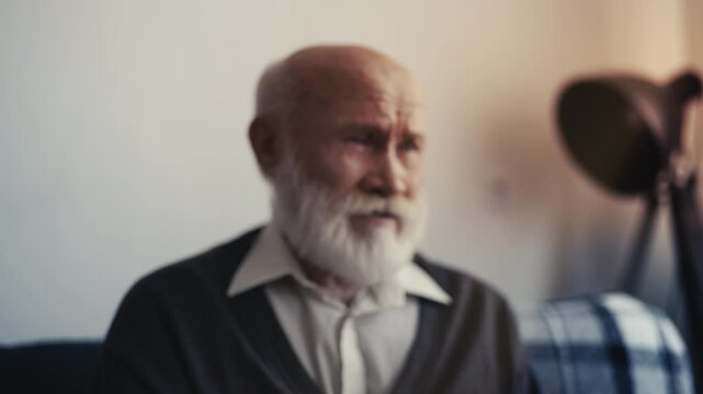 Hopeless elderly man crying alone at home, facing poverty and isolation