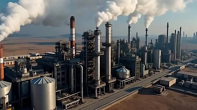 Overhead View of Oil Refinery with Rising Fumes