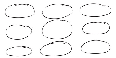 Hand drawn Black ovals and circles set. Collection of nine hand drawn circles set of frames. Hand drawn circle and oval sketch frame illustration.