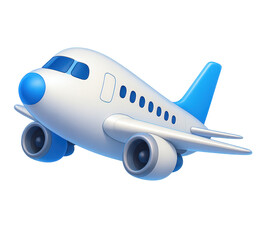 A cartoon airplane is flying in the sky. The airplane is white and blue. The airplane is in the air and has a blue tail