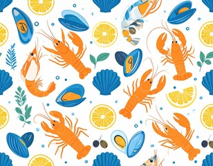 Obraz premium Seafood Delight A Vibrant Pattern of Lobsters Mussels Shrimp and Lemon Slices on White