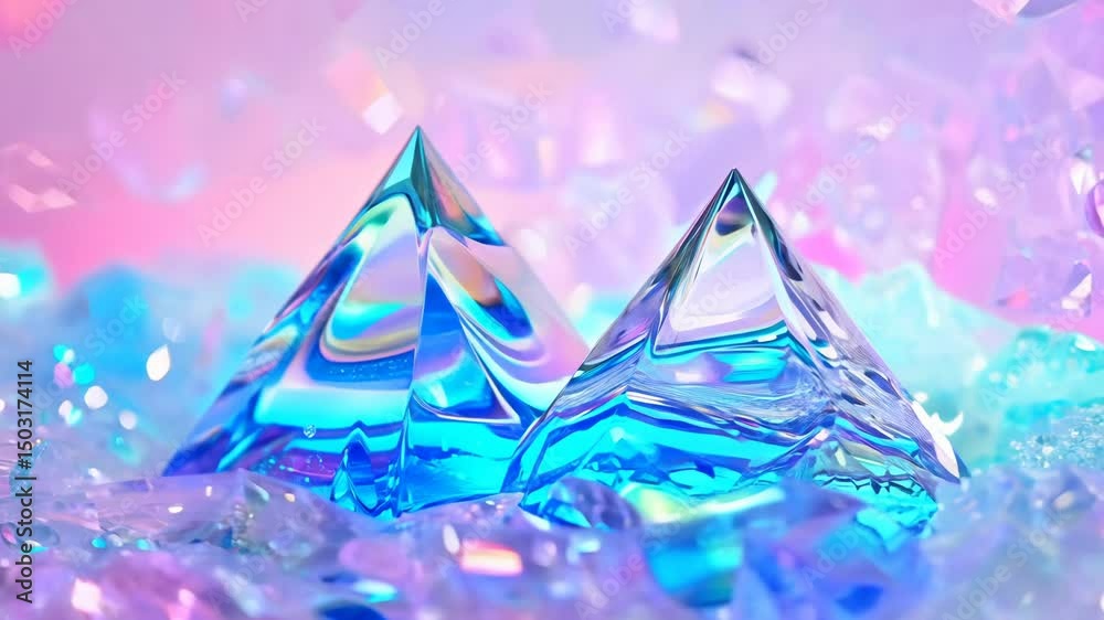 Poster abstract holographic crystal shapes in motion on iridiscent violet background