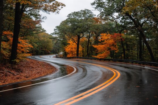 Autumn drive curvy road in nature scenic landscape rainy weather serene environment for travel enthusiasts
