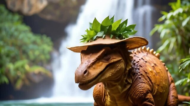 Animated background of dinosaur in a natural landscape under a blue sky. Looping time-lapse video