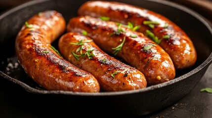 Close up of four juicy grilled sausages in a rustic cast iron skillet, garnished with fresh thyme.  Delicious food photography for restaurant menus or cookbooks.