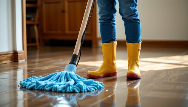 A man is mopping a wet wooden floor wearing yellow boots while cleaning a house.