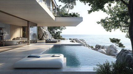 Fototapeta premium Modern oceanfront villa with stunning pool and serene views of sea