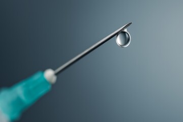 Syringe with Liquid Drop. Close up of a syringe needle with a clear droplet of liquid, medical concept on soft gradient background.