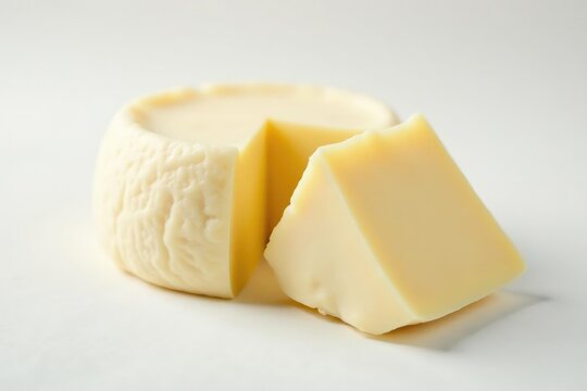 Soft cheese, bloomy rind, delicate texture, pure white backdrop , bloomy, white, ingredient