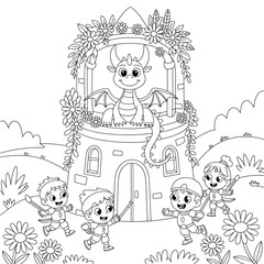 A funny cartoon illustration of a fairy tale princess in a forest with a bear, perfect for a children's coloring book sketch or clip-art set
