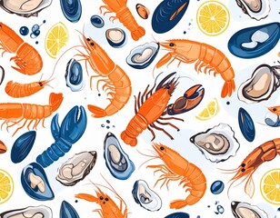 Obraz premium Seafood Delight A Vibrant Pattern of Shrimp Lobster Oysters Mussels and Lemon Slices