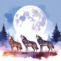 Digital watercolor of wolves howling at the moon, black outlines against a vast, star-filled night sky, capturing their wild essence.
