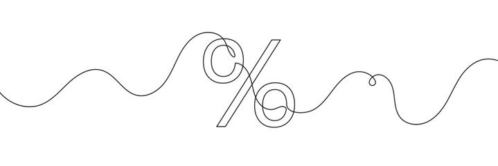 Percent sign one line art, continuous contour drawing, hand-drawn math financial symbol, minimalist design. Trendy template for web, presentation. Editable stroke. Isolated. Vector illustration.
