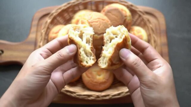 Aerial view of a basket of Brazilian cheese bread on a cutting board being cut in half