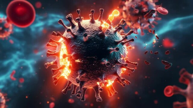 Dynamic depiction of a virus interacting with red blood cells in a compelling scientific illustration