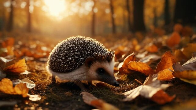 Beautiful hedgehog exploring a forest covered in autumn leaves at sunset