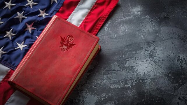 Red notebook on American flag background with texture and pattern, symbolic representation for patriotism or national pride 4k video footage