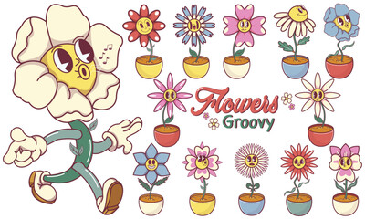 Set of groovy cartoon character flowers. Stickers with cute and fun nature character in 90s style