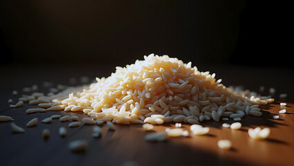 White rice grains (Thai Jasmine rice), uncooked rice, on wooden surface with warm sunlight and dark background