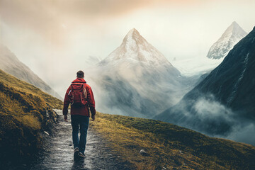 a young tourist climbs a mountain path, hiking, camping