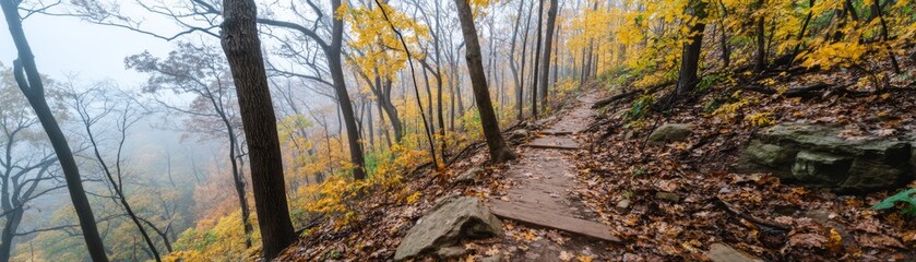 Fototapeta premium Autumn hiking adventure enchanted forest scenic pathway vibrant foliage panoramic view nature exploration