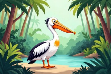 Fototapeta premium Pelican in tropical setting with long orange beak and yellow crest standing on sandy beach near blue river. Concept of pelican in tropical setting highlights vibrant animal life.