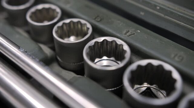 Close-up of socket wrench set in organized tool case