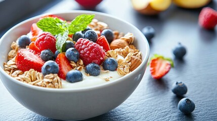 A bowl of granola with fresh berries and yogurt on a dark surface.