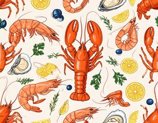 Seafood Delight Lobster Shrimp Oysters Lemon and Herbs Pattern