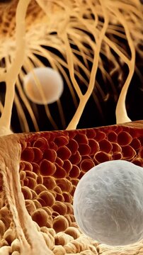 Detailed microscopic view showing a vein or artery with blood cells inside, highlighting human anatomy and circulation.