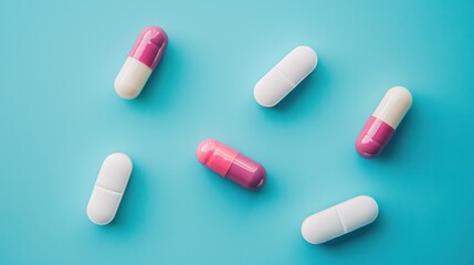 Six pink and white capsules on a blue background. The pill concept of medication and health. The image emphasizes the color contrast and the pharmaceutical nature