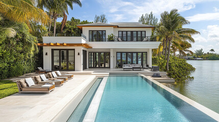 Fototapeta premium Luxurious oceanfront house with swimming pool and palm trees, perfect for relaxation