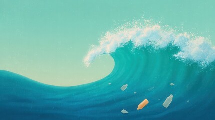 Fototapeta premium Pollution in Ocean Waves With Plastic Bottles Floating in Water Surface