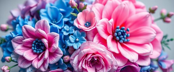 Fototapeta premium Intricate faux floral arrangement; pink, blue, purple hues , color, white background