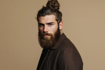 Obraz premium Bearded man with man bun wearing brown jacket posing on beige background