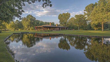 Obraz premium serene lakefront property with lush greenery and beautiful reflection in water