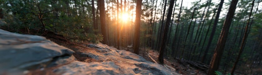 Obraz premium Sunset hiking adventure in serene forest nature photography tranquil environment scenic viewpoint