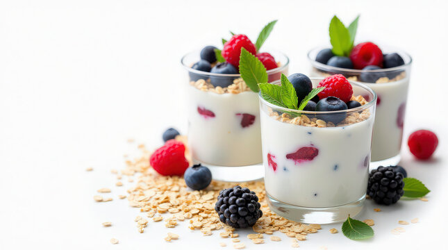 Greek yogurt with fresh berries, oats and mint in glasses on white background. Yoghurt with blueberry, raspberry, blackberry and granola. Healthy breakfast. Diet food