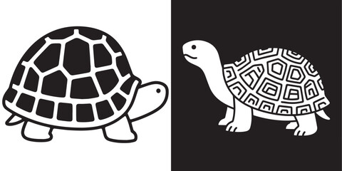 Two vector illustrations of a turtle against a black and white background are shown. 