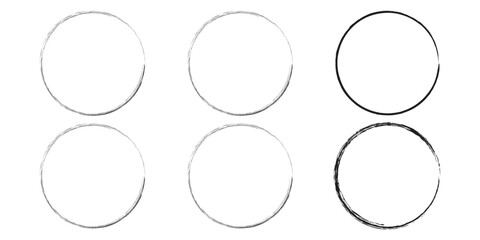 Brush circles, grunge circles. Brush circles. Collection of six circular grunge frames. Vector illustration.