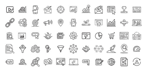 set of seo and digital marketing icons, online strategy symbol for web optimization and internet promotions