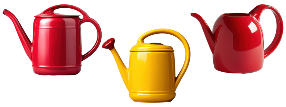 Set of red and yellow watering cans in different shapes isolated on transparent background