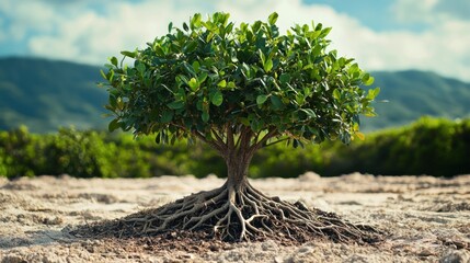 A small tree with green leaves growing from a pile of dirt on a rocky surface with mountains in the background.