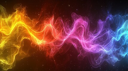Abstract, vibrant energy waves in fiery, rainbow hues against a dark space backdrop