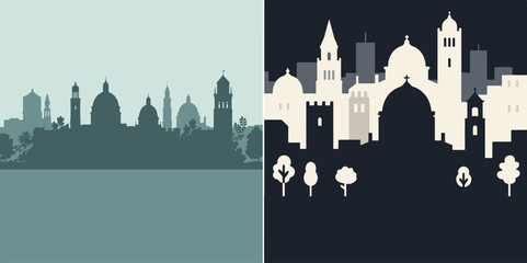 Obraz premium Two skyline illustrations are presented side by side.